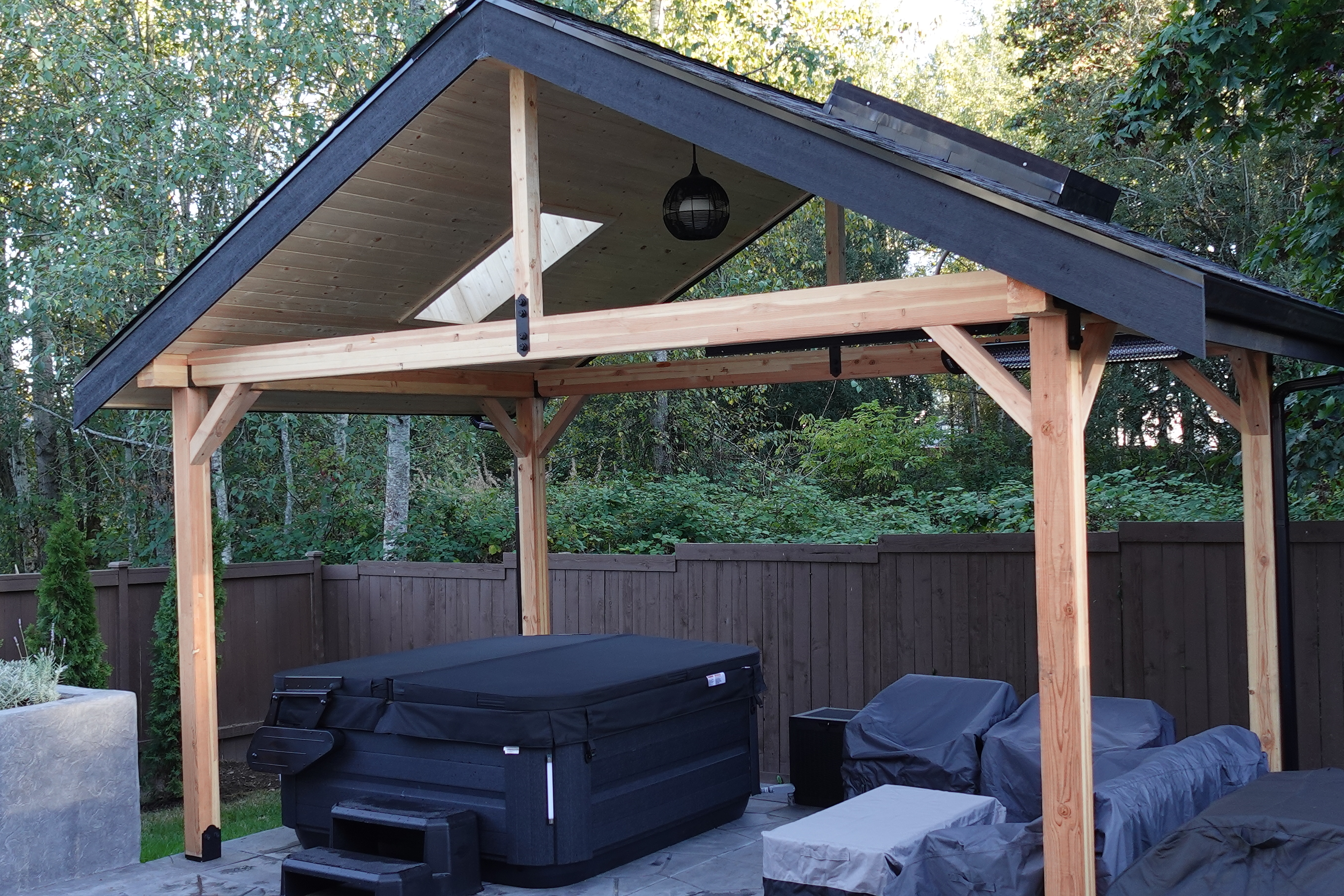 Custom wood patio cover installation in Tacoma