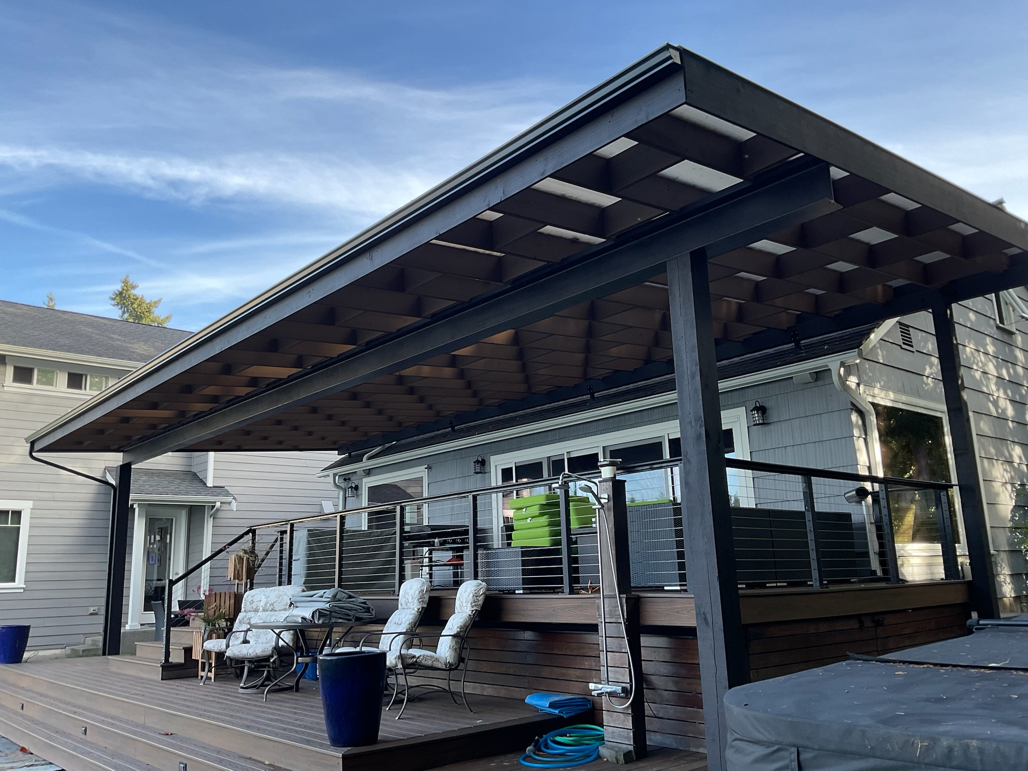 Cedar 8x8 posts and I-beam spanning 40 feet