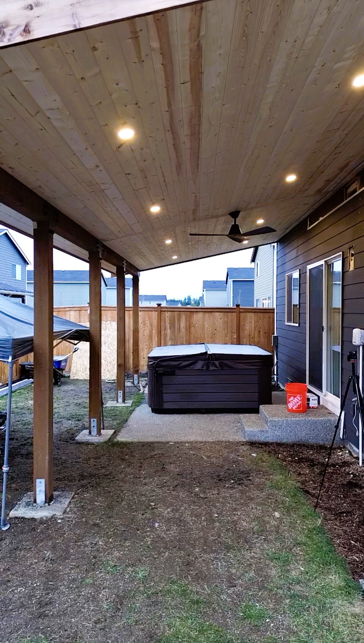 Outdoor heater installed on covered deck for year-round use