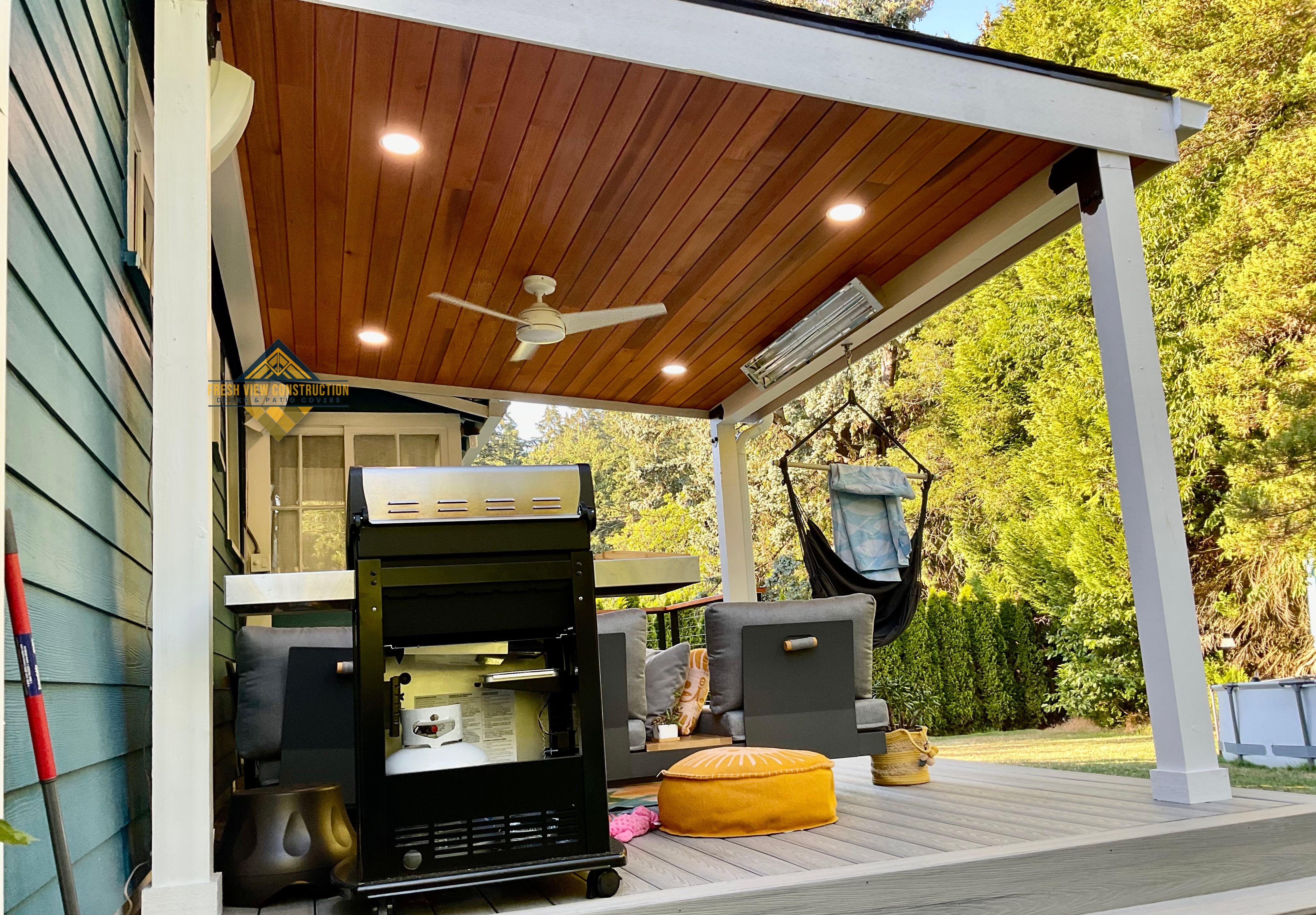 Clear tongue and groove cedar ceiling stained with Cutek Extreme Satin