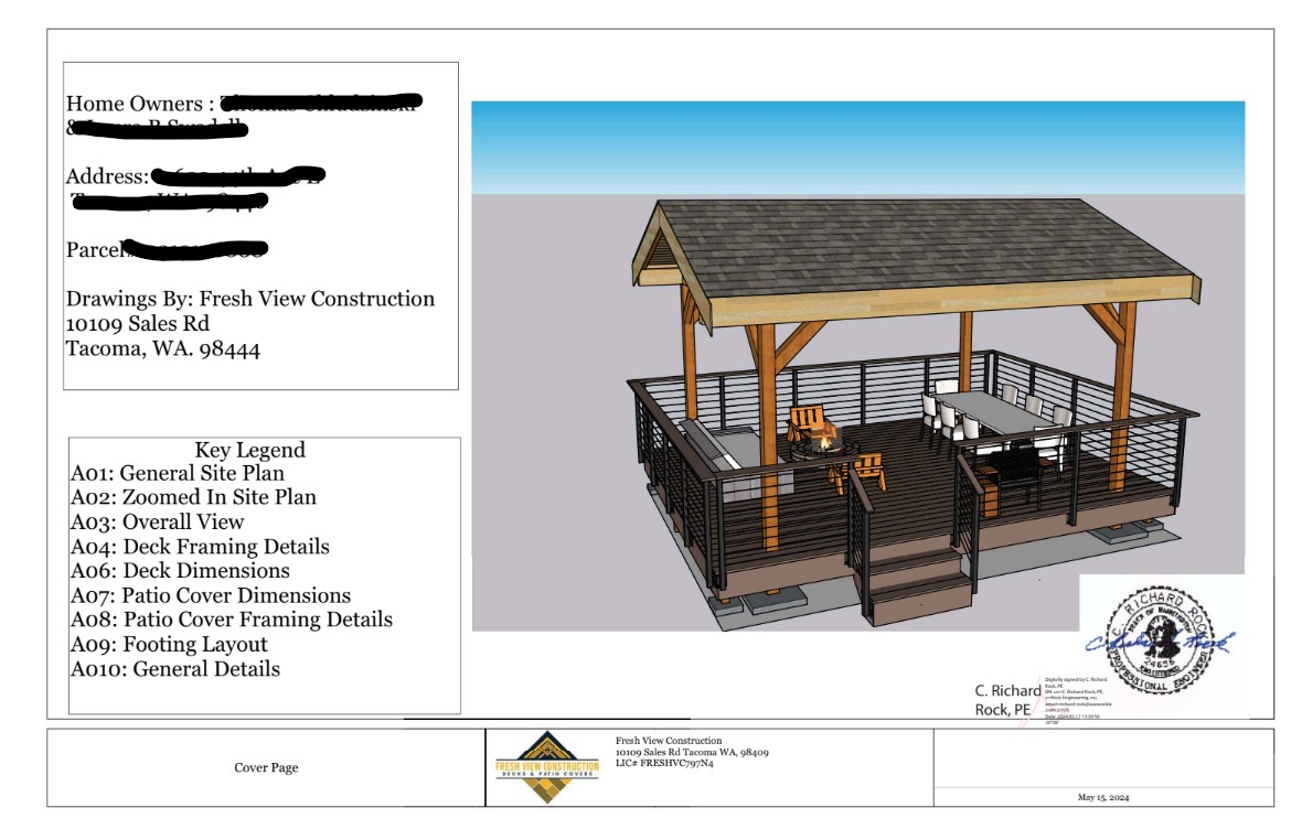 Engineered and permitted covered deck with timber-frame beams and posts